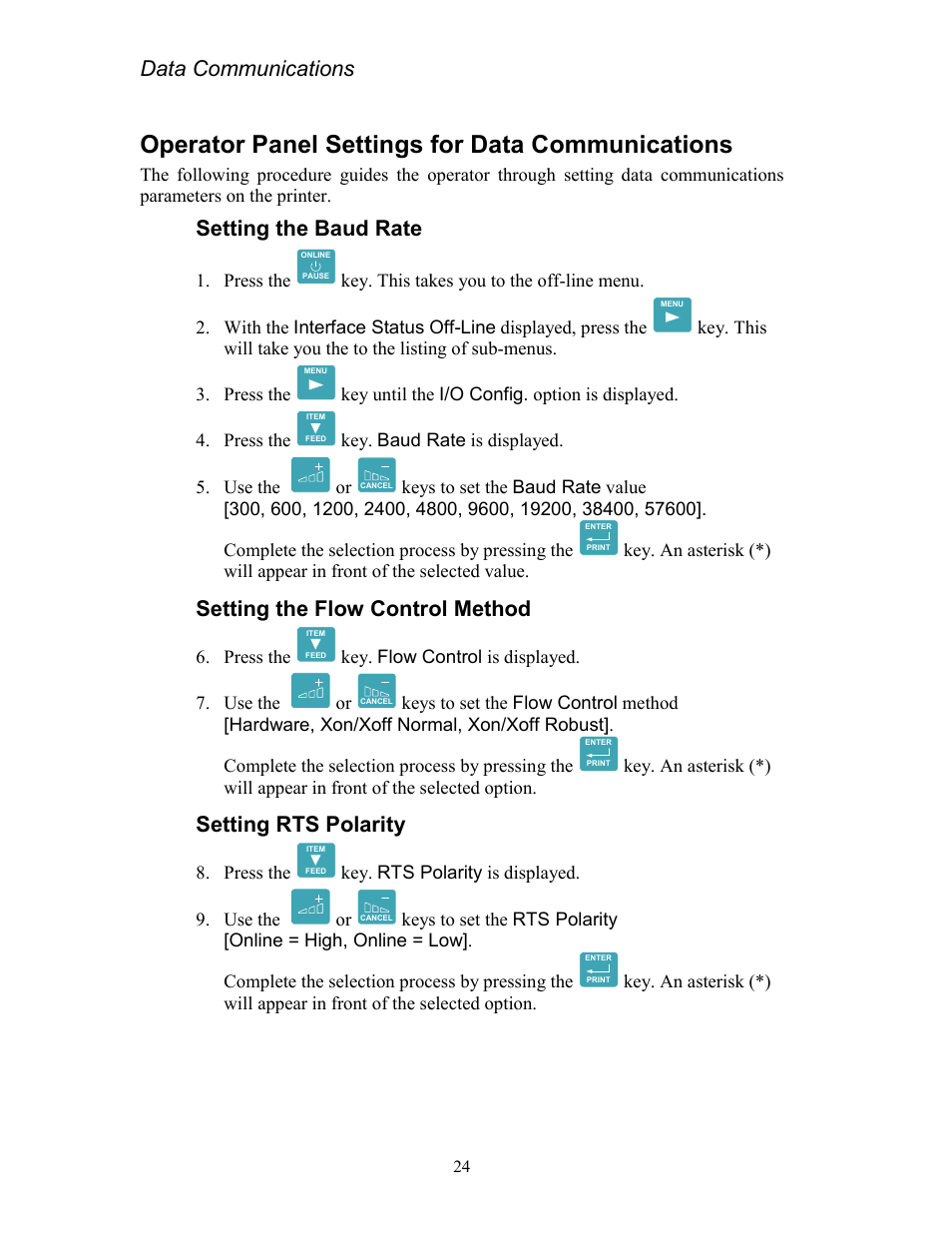 Operator panel settings for data communications, Setting the baud rate, Setting the flow control method | Setting rts polarity, Data communications | AMT Datasouth Codewriter 4500 Series User Manual | Page 34 / 94