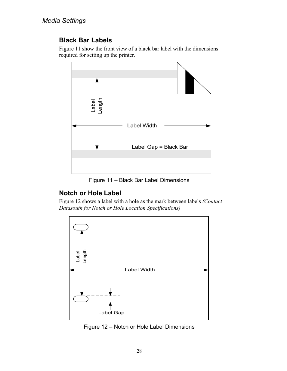 Black bar labels, Notch or hole label, Media settings | AMT Datasouth Codewriter 4500 Series User Manual | Page 38 / 94