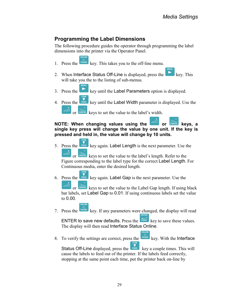 Programming the label dimensions, Media settings | AMT Datasouth Codewriter 4500 Series User Manual | Page 39 / 94