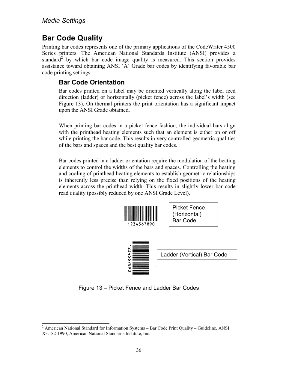 Bar code quality, Bar code orientation, Figure 13 – picket fence and ladder bar codes | Media settings | AMT Datasouth Codewriter 4500 Series User Manual | Page 46 / 94