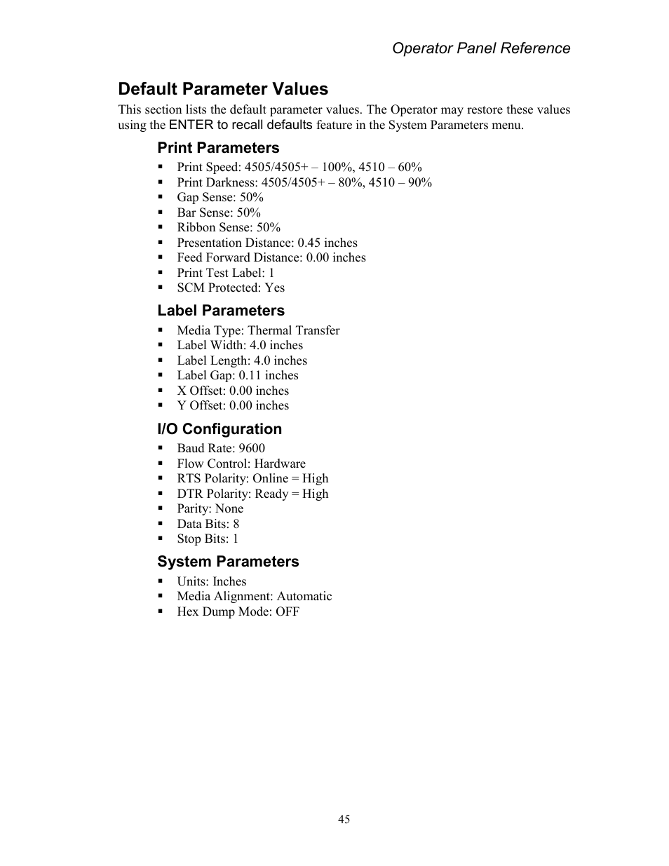 Default parameter values, Print parameters, Label parameters | I/o configuration, System parameters | AMT Datasouth Codewriter 4500 Series User Manual | Page 55 / 94