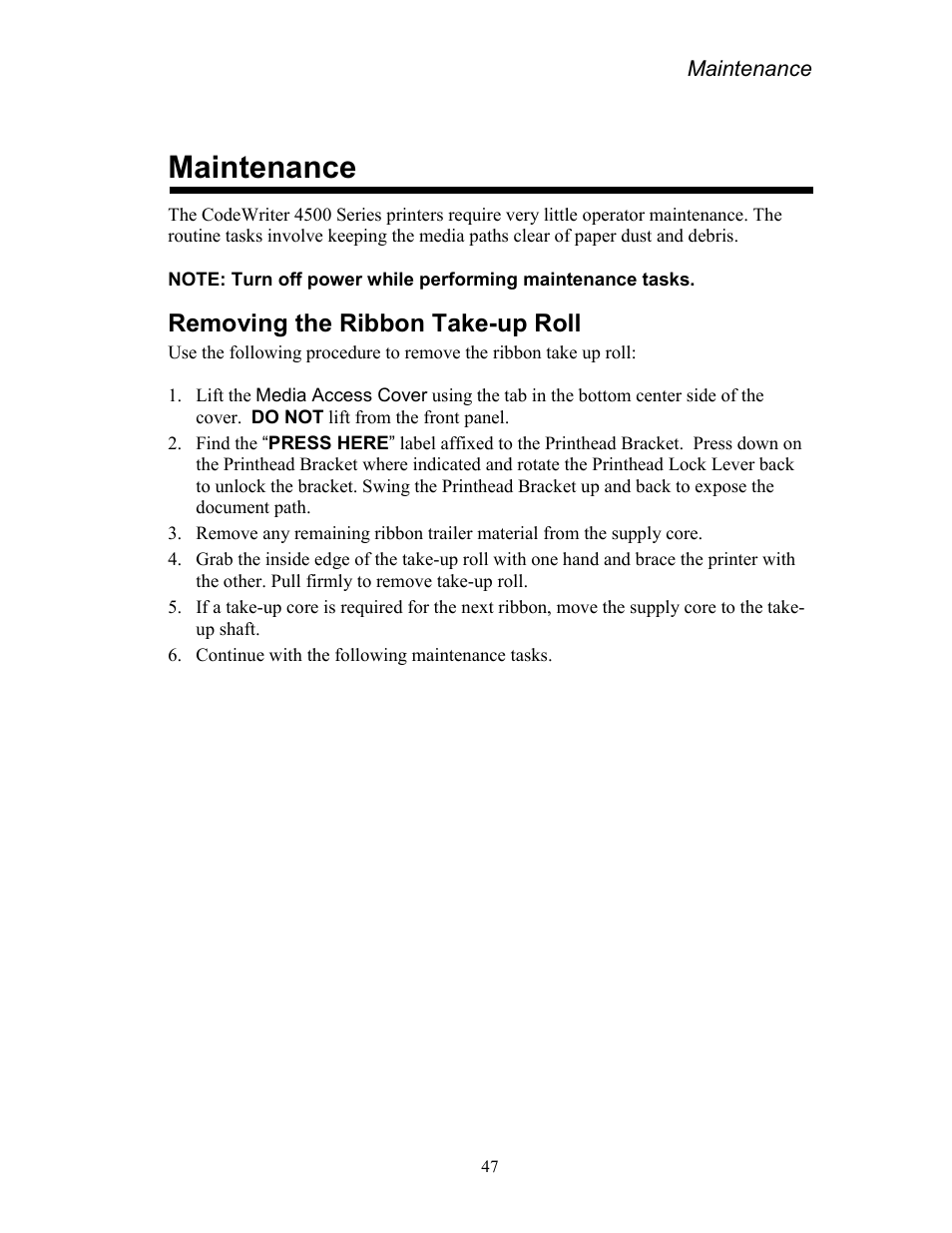 Maintenance, Removing the ribbon take-up roll | AMT Datasouth Codewriter 4500 Series User Manual | Page 57 / 94