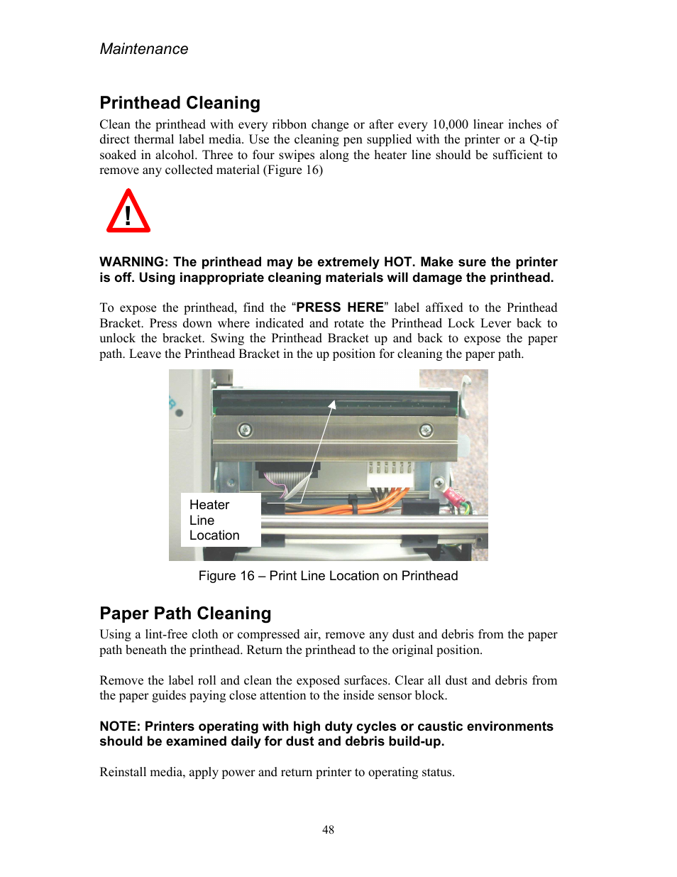 Printhead cleaning, Paper path cleaning, Printhead cleaning paper path cleaning | Figure 16 – print line location on printhead | AMT Datasouth Codewriter 4500 Series User Manual | Page 58 / 94