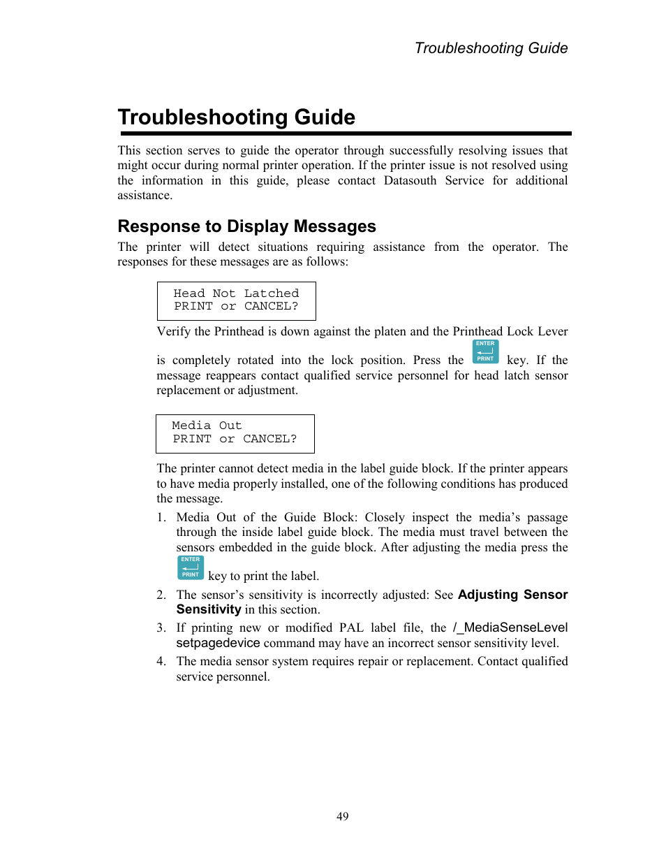 Troubleshooting guide, Response to display messages, Troubleshooting guide section to see if | AMT Datasouth Codewriter 4500 Series User Manual | Page 59 / 94