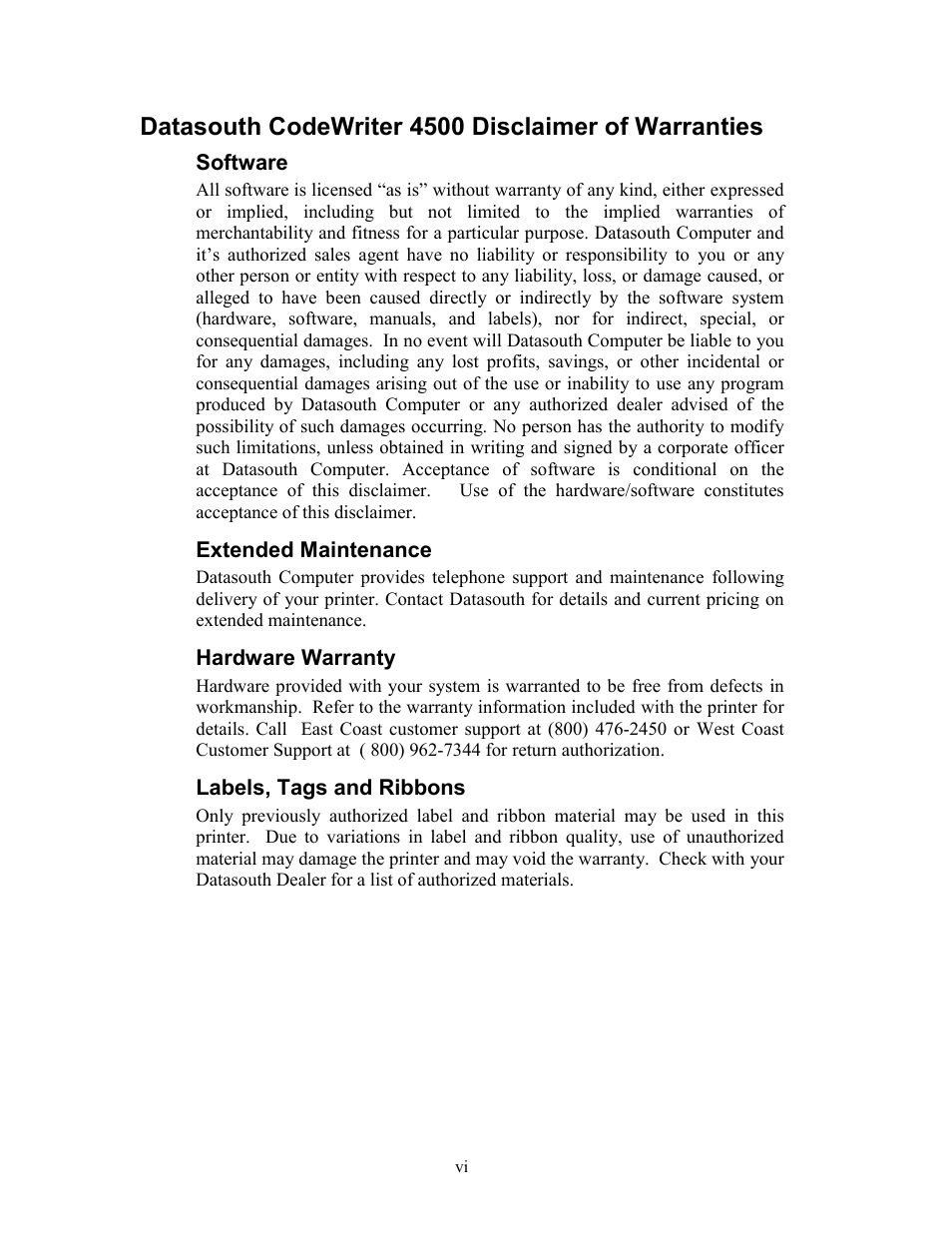 Software, Extended maintenance, Hardware warranty | Labels, tags and ribbons, Datasouth codewriter 4500 disclaimer of warranties | AMT Datasouth Codewriter 4500 Series User Manual | Page 6 / 94