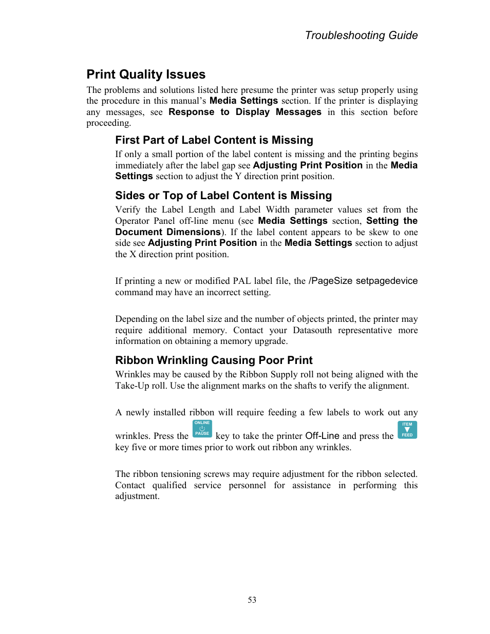 Print quality issues, First part of label content is missing, Sides or top of label content is missing | Ribbon wrinkling causing poor print, Troubleshooting guide | AMT Datasouth Codewriter 4500 Series User Manual | Page 63 / 94