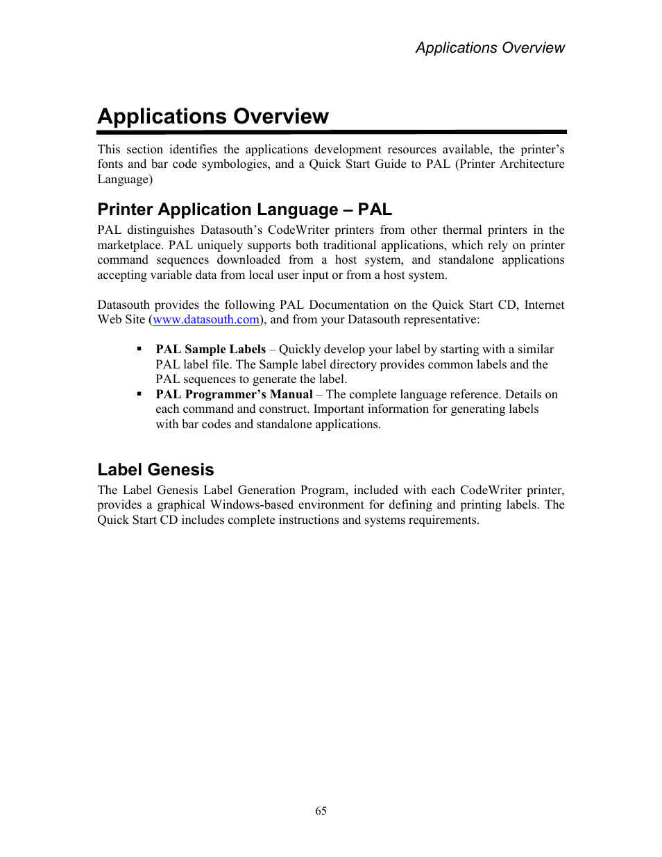 Applications overview, Printer application language – pal, Label genesis | Printer application language – pal label genesis | AMT Datasouth Codewriter 4500 Series User Manual | Page 75 / 94