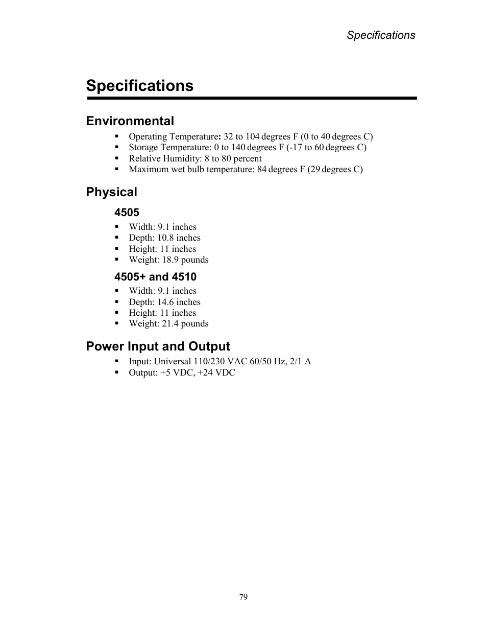 Specifications, Environmental, Physical | 4505+ and 4510, Power input and output, Environmental physical power input and output | AMT Datasouth Codewriter 4500 Series User Manual | Page 89 / 94