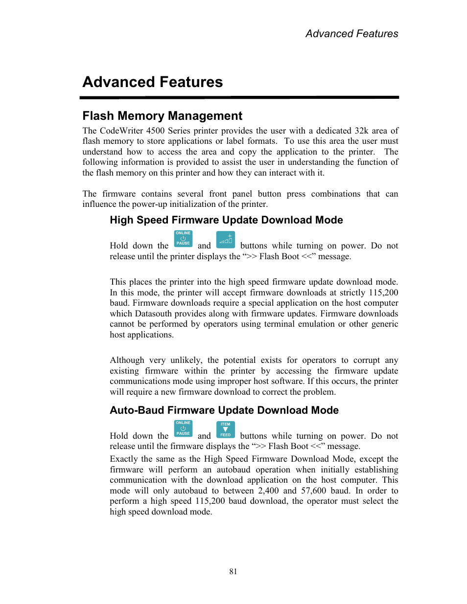 Advanced features, Flash memory management, High speed firmware update download mode | Auto-baud firmware update download mode | AMT Datasouth Codewriter 4500 Series User Manual | Page 91 / 94