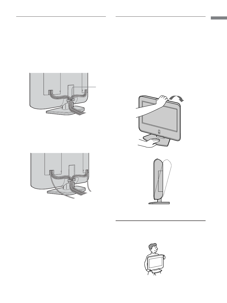 Bundling cords and cables, Adjusting the viewing angle of the tv, Carrying the tv | Of the tv | Sony KLV-23M1 User Manual | Page 23 / 80
