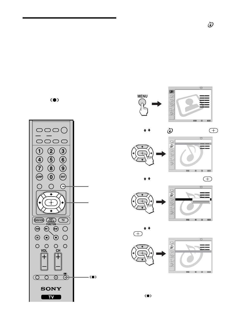 Selecting the effect mode, Press menu, Press v/v to select (audio), then press | Press v/v to select “effect,” then press, Press v/v to select “srs wow” then press, Press menu to exit the menu screen | Sony KLV-23M1 User Manual | Page 44 / 80