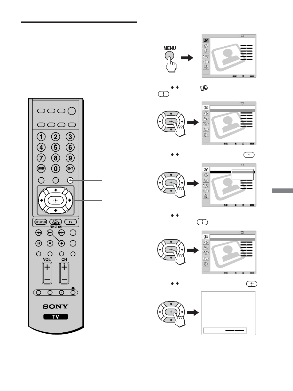 Adjusting the picture quality, Using advanced features, Press menu | Press v/v to select (video), then press, Press v/v to select “mode,” then press, Press v/v to select “picture,” then press, Continued) | Sony KLV-23M1 User Manual | Page 57 / 80