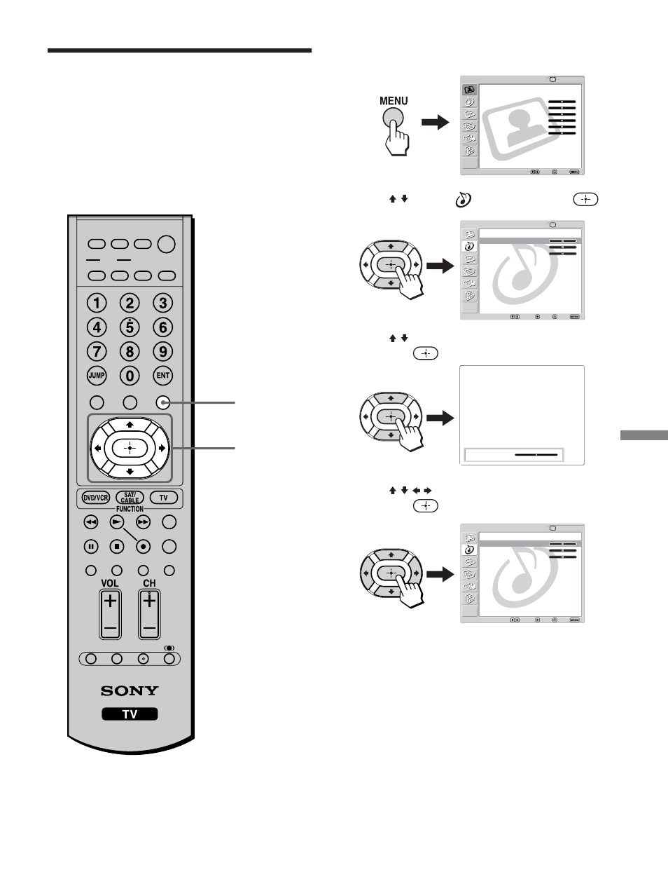 Adjusting the sound quality, Using advanced features, Press menu | Press v/v to select (audio), then press, Continued) | Sony KLV-23M1 User Manual | Page 59 / 80