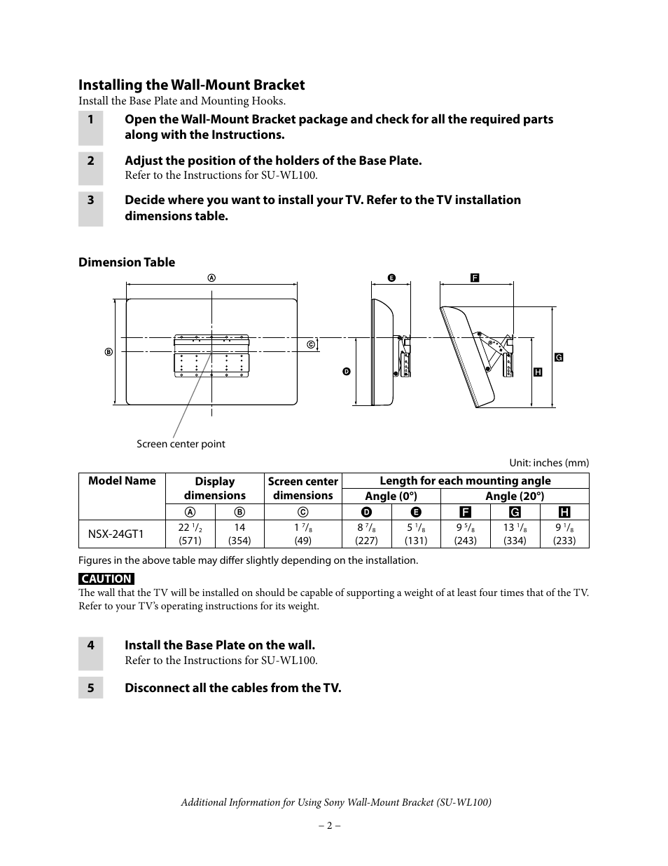 Installing the wall-mount bracket | Sony NSX-24GT1 User Manual | Page 2 / 4