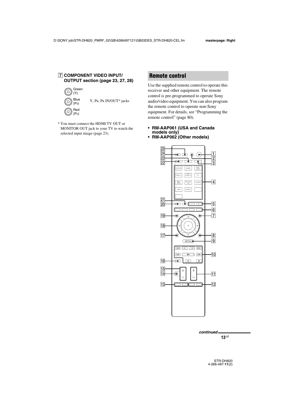 Remote control | Sony STR-DH820 User Manual | Page 13 / 100