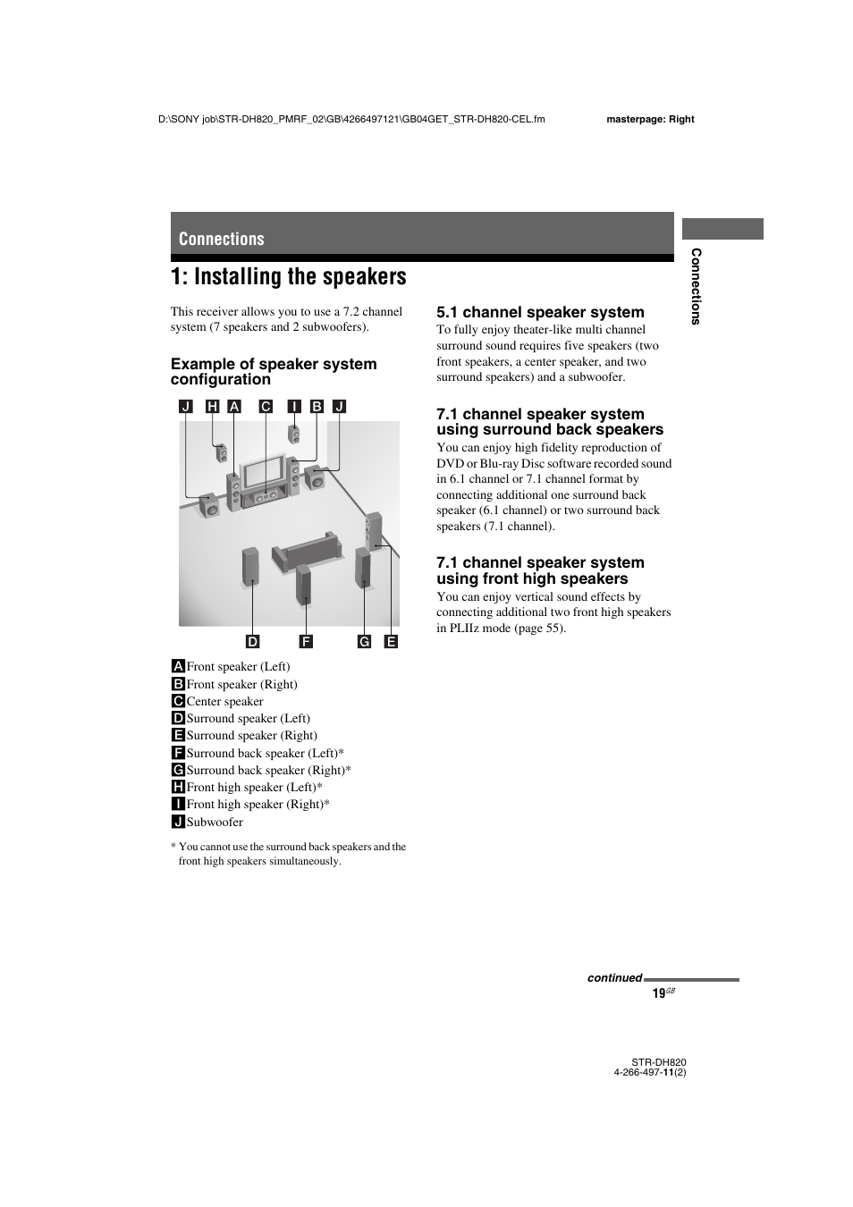 Connections, Installing the speakers | Sony STR-DH820 User Manual | Page 19 / 100