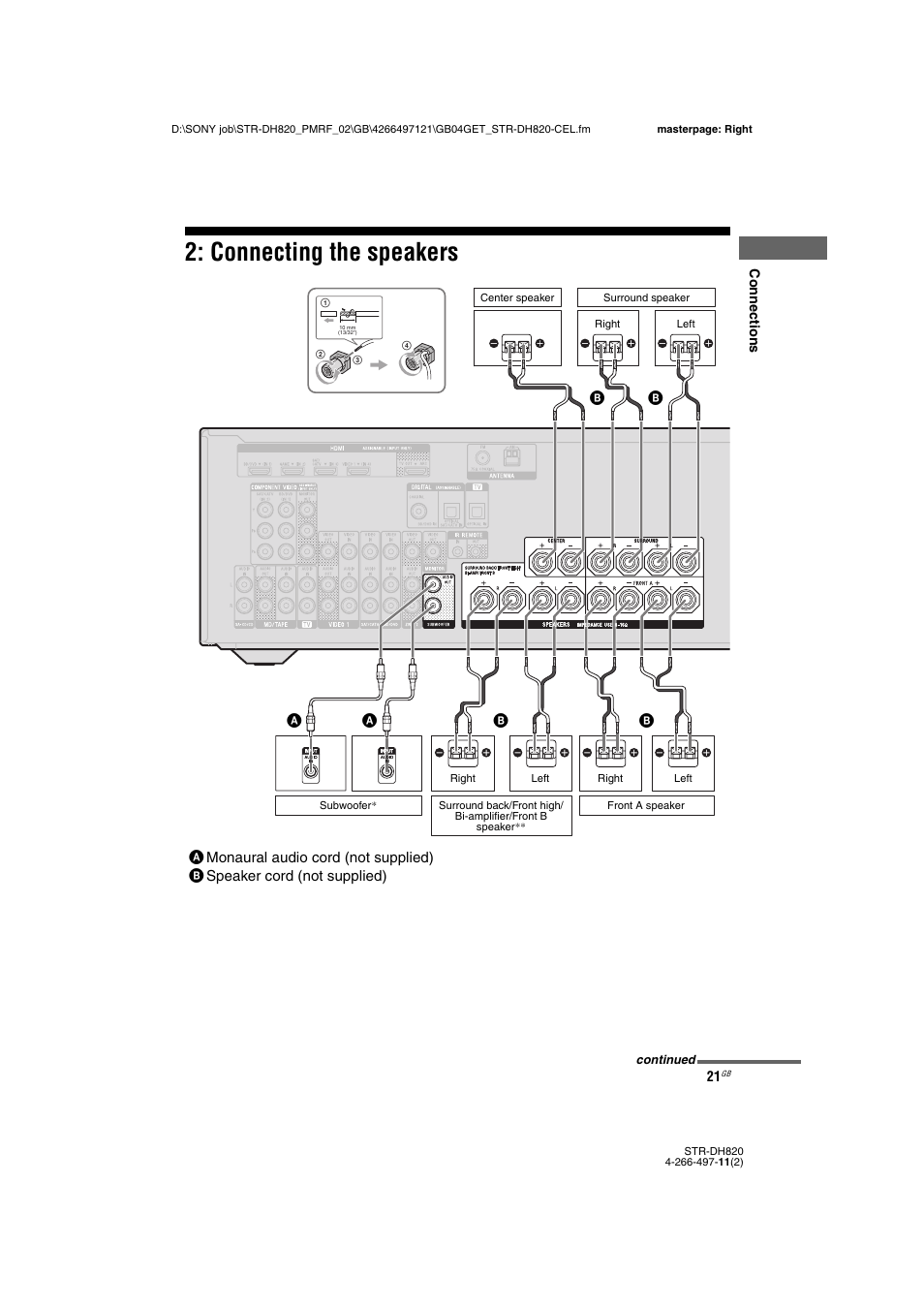 Connecting the speakers | Sony STR-DH820 User Manual | Page 21 / 100