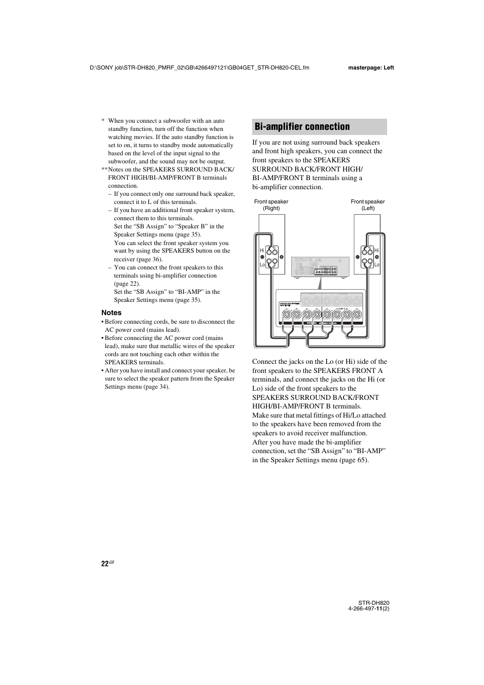 Bi-amplifier connection | Sony STR-DH820 User Manual | Page 22 / 100