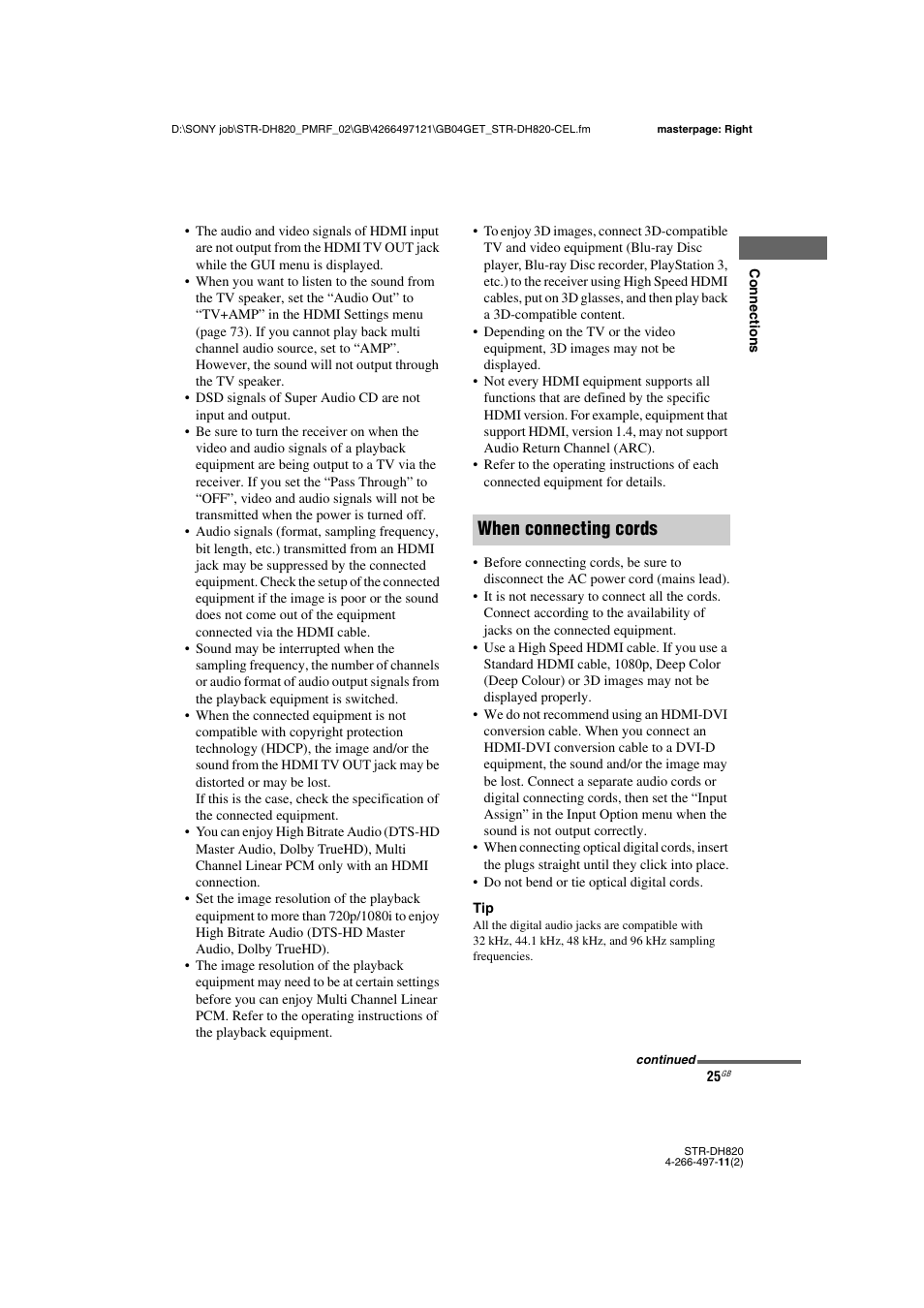 When connecting cords | Sony STR-DH820 User Manual | Page 25 / 100