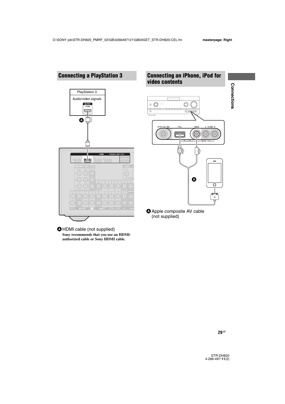 Connecting a playstation 3, Connecting an iphone, ipod for video contents | Sony STR-DH820 User Manual | Page 29 / 100