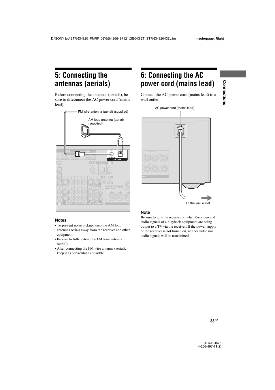 Connecting the antennas (aerials), Connecting the ac power cord (mains lead), Mains lead) | Sony STR-DH820 User Manual | Page 33 / 100