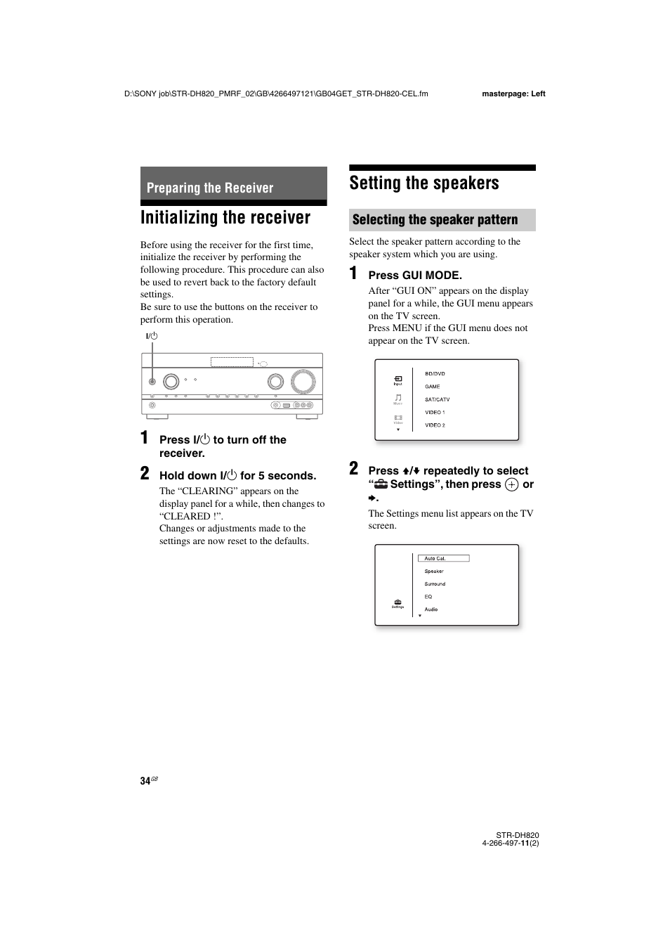 Preparing the receiver, Initializing the receiver, Setting the speakers | Initializing the receiver setting the speakers, E 34, 52, 5 | Sony STR-DH820 User Manual | Page 34 / 100