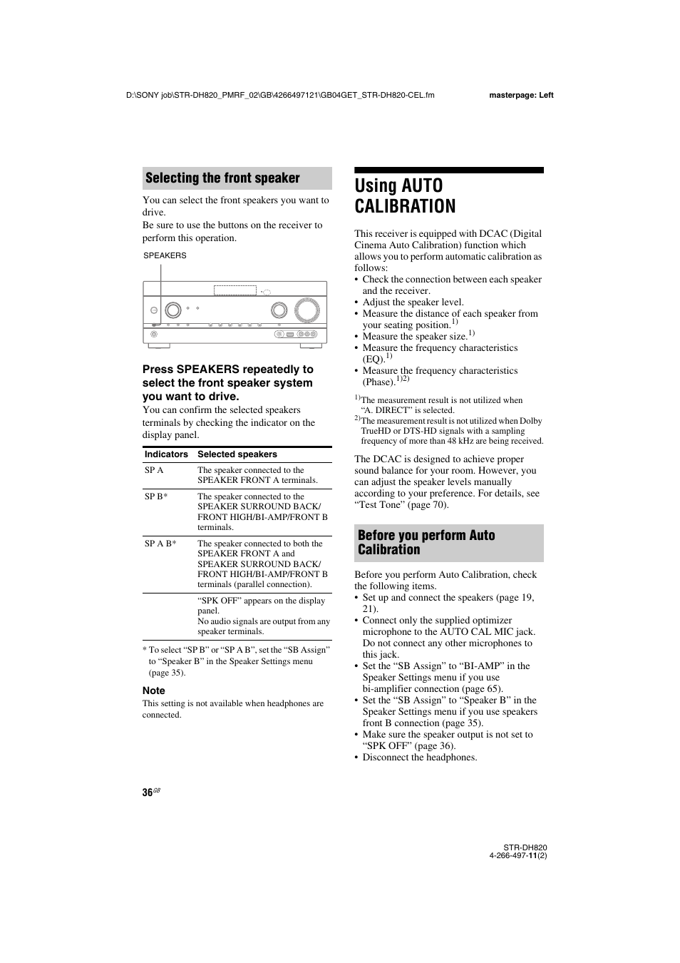 Using auto calibration, Selecting the front speaker, Before you perform auto calibration | Sony STR-DH820 User Manual | Page 36 / 100