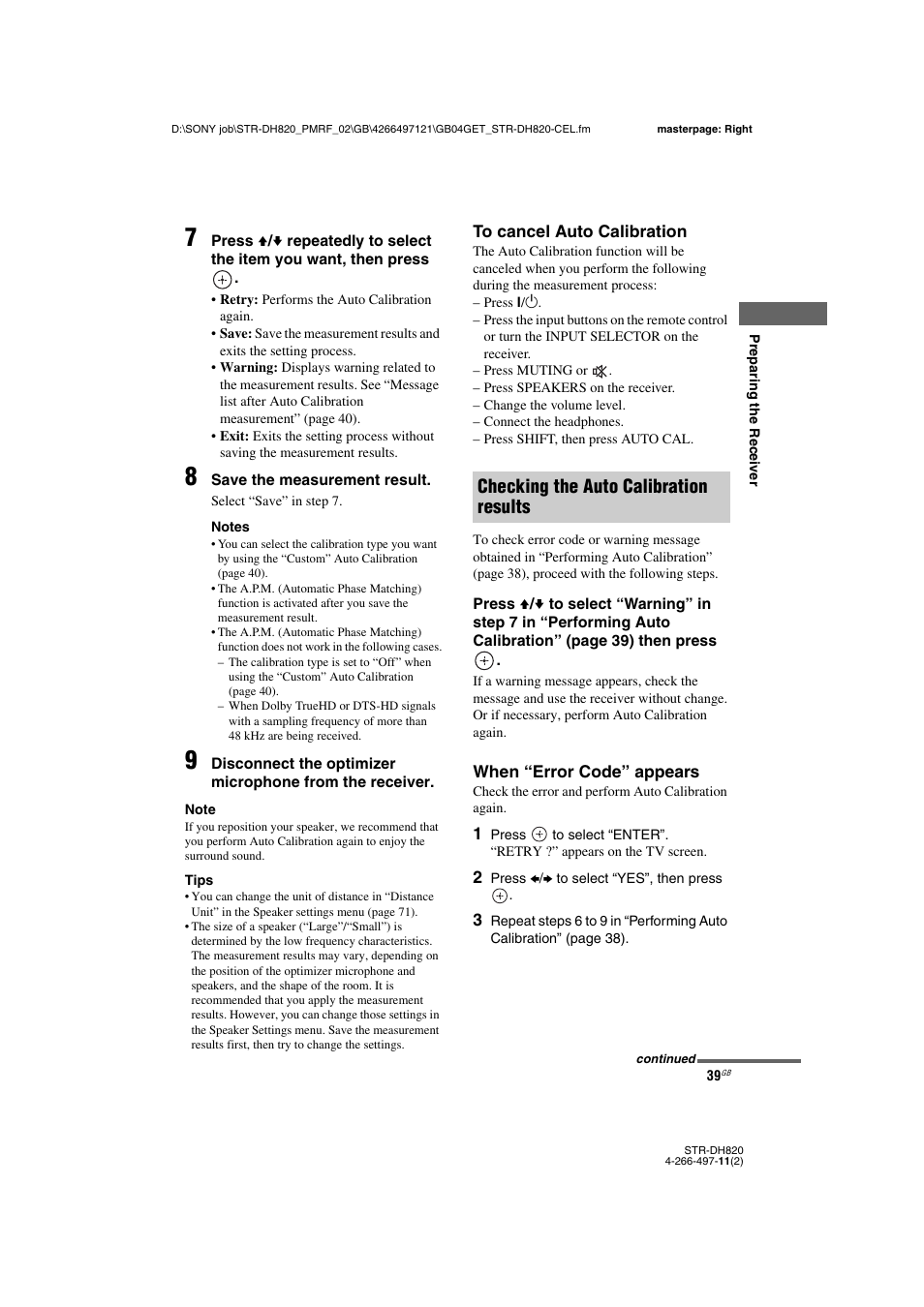 Checking the auto calibration results | Sony STR-DH820 User Manual | Page 39 / 100