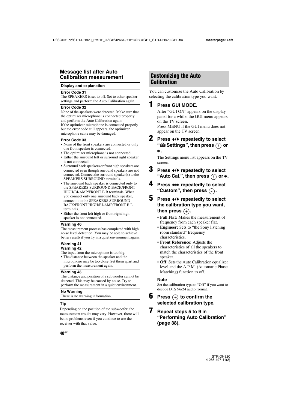 Customizing the auto calibration | Sony STR-DH820 User Manual | Page 40 / 100