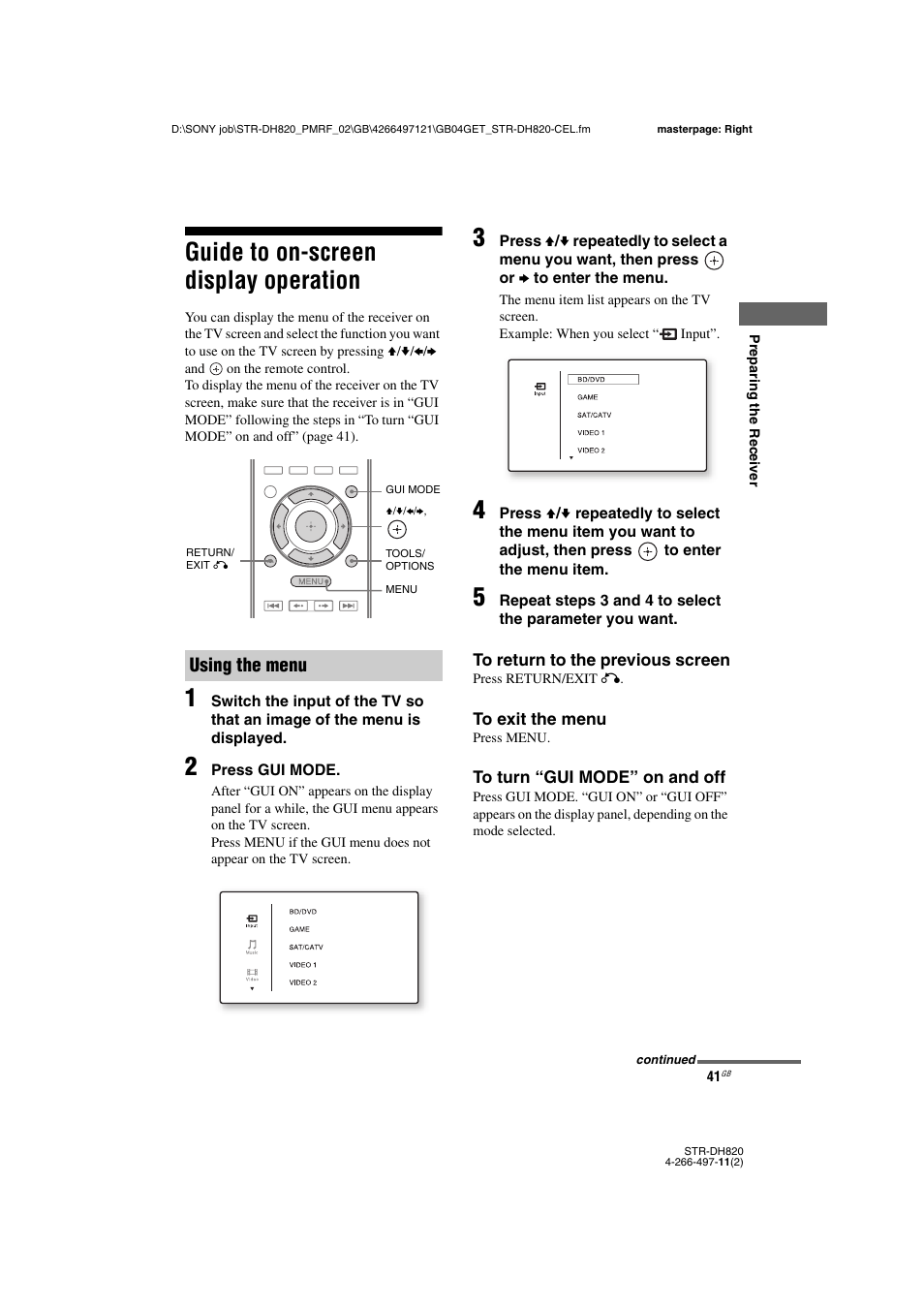 Guide to on-screen display operation, Using the menu | Sony STR-DH820 User Manual | Page 41 / 100