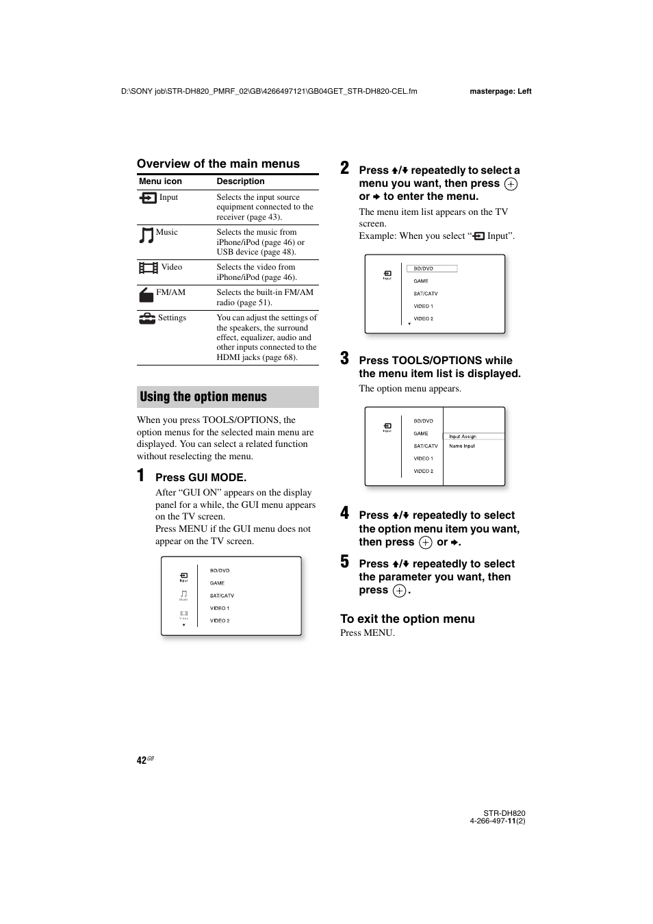 Using the option menus | Sony STR-DH820 User Manual | Page 42 / 100