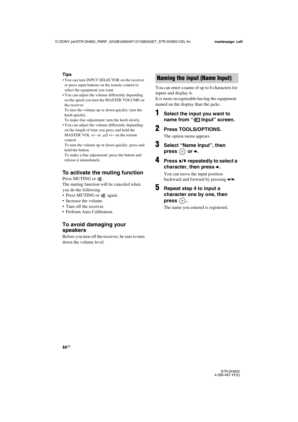 E 44, 50, 62, Naming the input (name input) | Sony STR-DH820 User Manual | Page 44 / 100