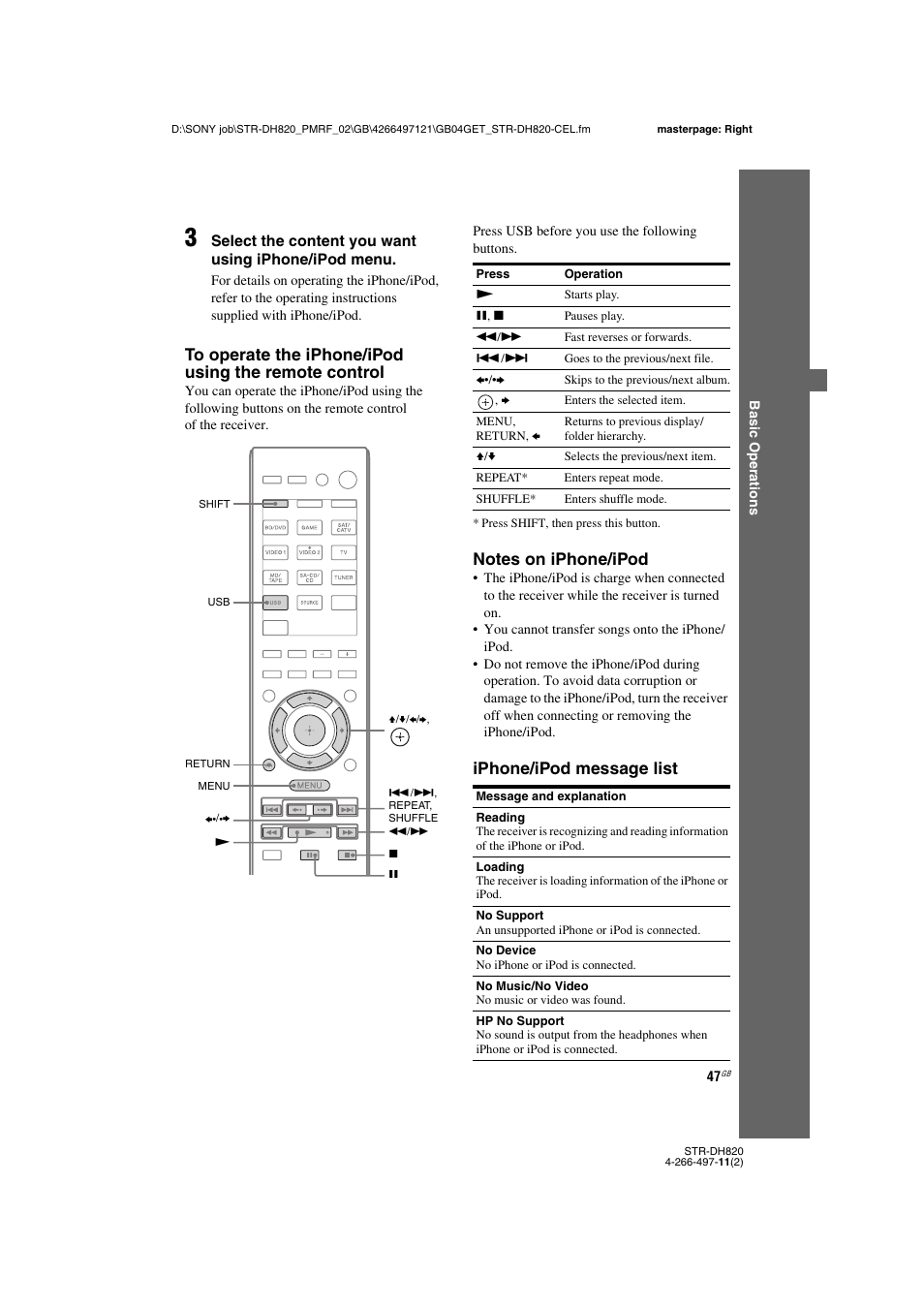 Iphone/ipod message list | Sony STR-DH820 User Manual | Page 47 / 100