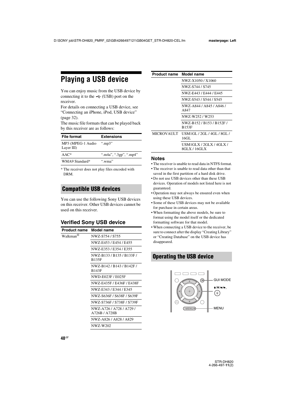 Playing a usb device, Compatible usb devices, Operating the usb device | Verified sony usb device | Sony STR-DH820 User Manual | Page 48 / 100