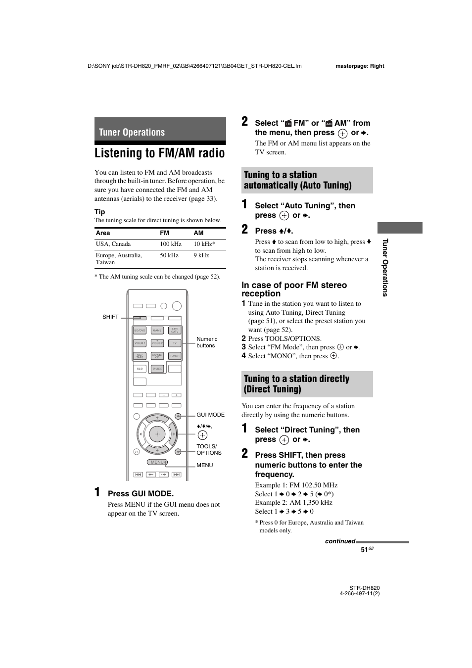 Tuner operations, Listening to fm/am radio | Sony STR-DH820 User Manual | Page 51 / 100