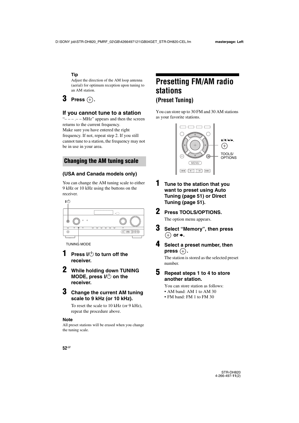 Presetting fm/am radio stations (preset tuning), Presetting fm/am radio stations, Preset tuning) | Sony STR-DH820 User Manual | Page 52 / 100
