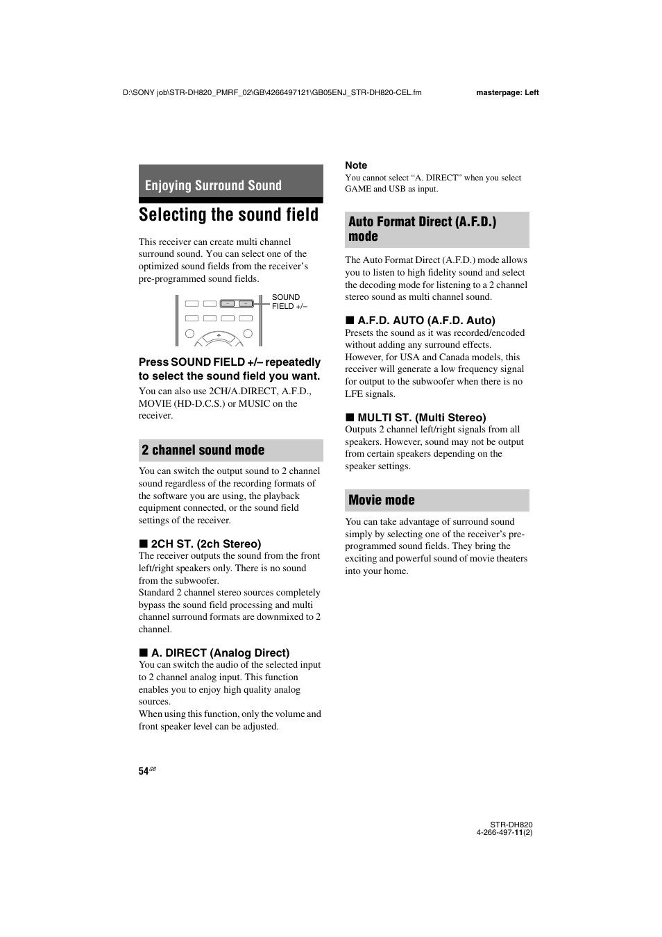 Enjoying surround sound, Selecting the sound field, E 54, 56) | Enjoying surround sound 2 channel sound mode, Auto format direct (a.f.d.) mode movie mode | Sony STR-DH820 User Manual | Page 54 / 100