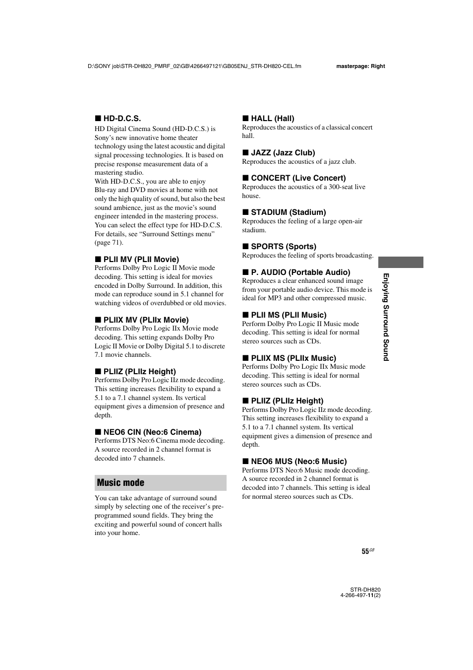 Music mode | Sony STR-DH820 User Manual | Page 55 / 100