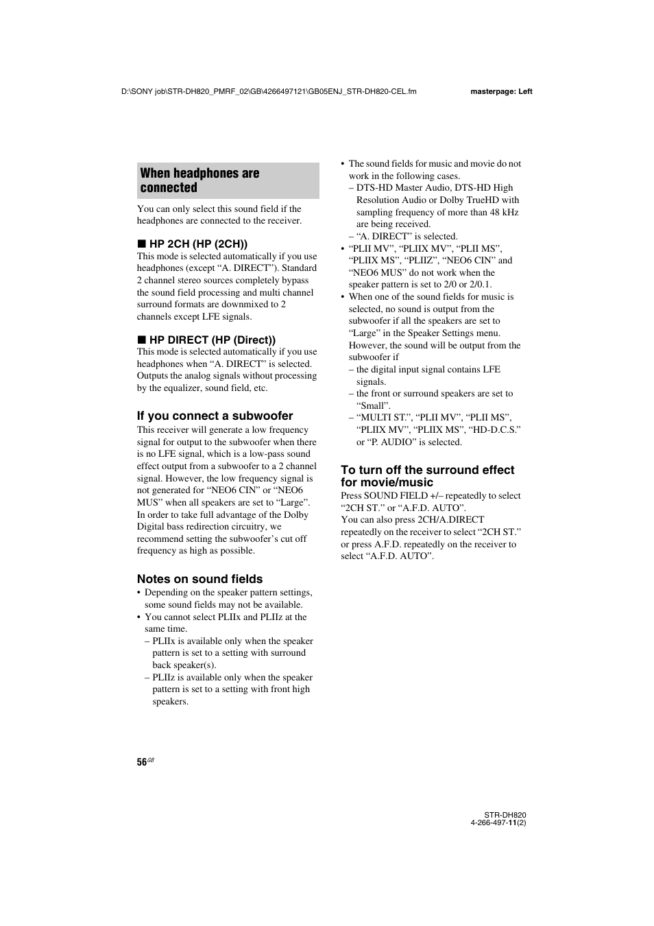 When headphones are connected | Sony STR-DH820 User Manual | Page 56 / 100