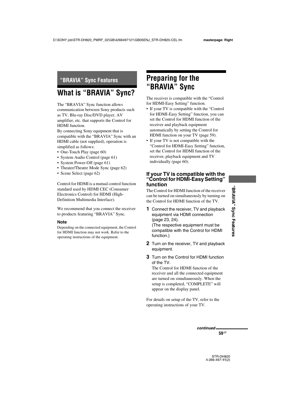 Bravia” sync features, What is “bravia” sync, Preparing for the “bravia” sync | Sony STR-DH820 User Manual | Page 59 / 100