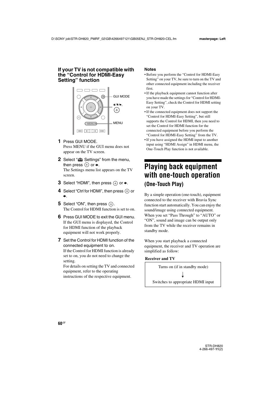 Playing back equipment with one-touch, Operation (one-touch play), Playing back equipment with one-touch operation | One-touch play) | Sony STR-DH820 User Manual | Page 60 / 100