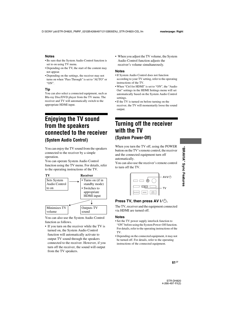 Enjoying the tv sound from the speakers, Connected to the receiver, System audio control) | Turning off the receiver with the tv, System power-off) | Sony STR-DH820 User Manual | Page 61 / 100