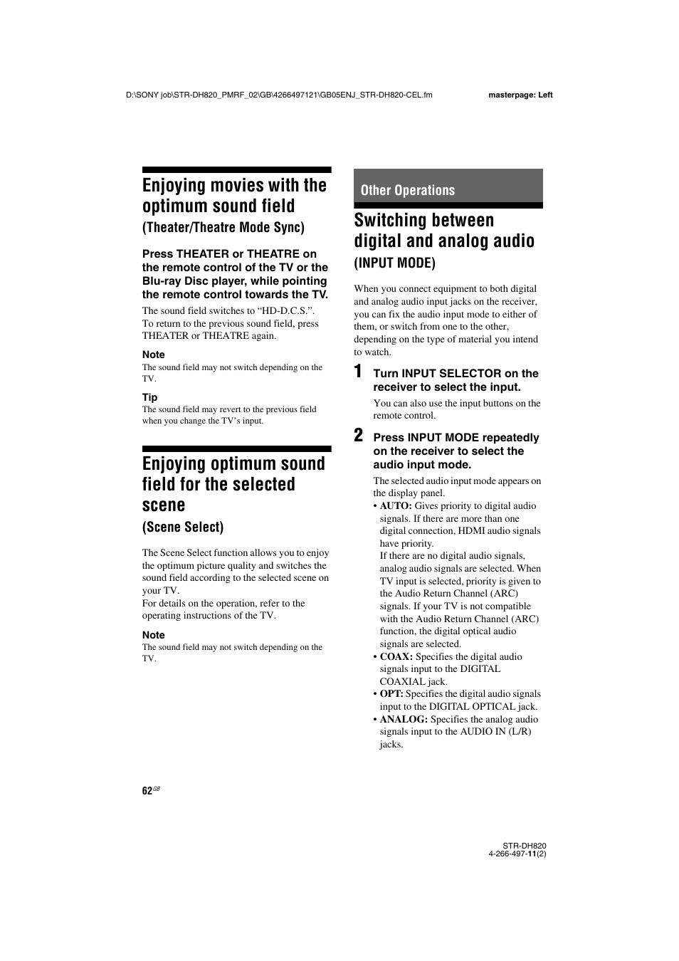 Other operations, Enjoying movies with the optimum sound, Field (theater/theatre mode sync) | Enjoying optimum sound field for the selected, Scene (scene select), Switching between digital and analog audio, Input mode), Enjoying movies with the optimum sound field | Sony STR-DH820 User Manual | Page 62 / 100