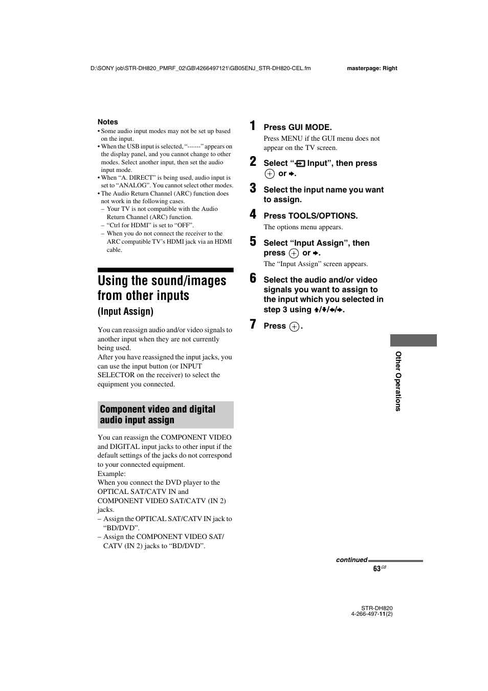 Using the sound/images from other inputs, Input assign) | Sony STR-DH820 User Manual | Page 63 / 100