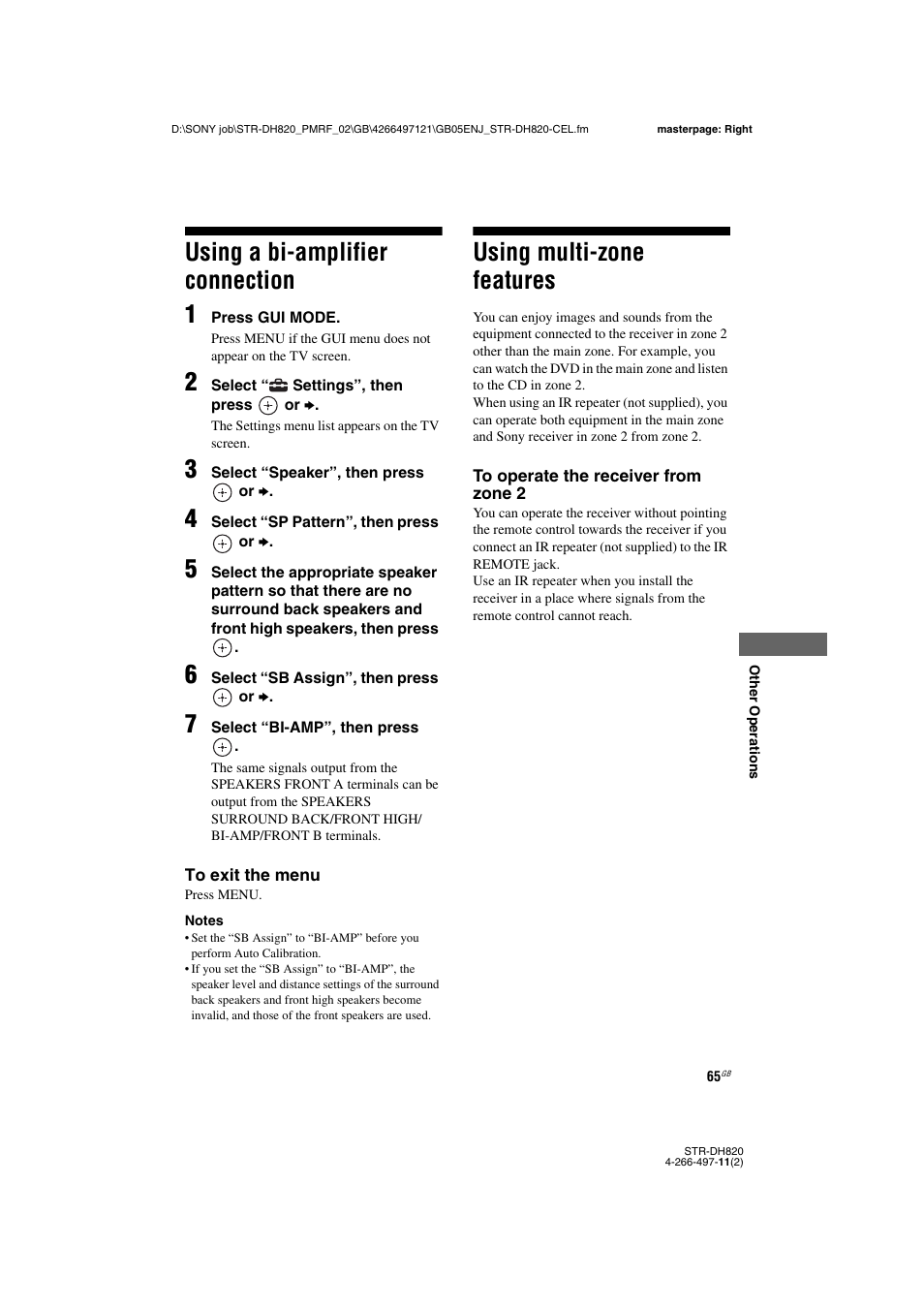 Using a bi-amplifier connection, Using multi-zone features, Using a bi-amplifier connection 1 | Sony STR-DH820 User Manual | Page 65 / 100