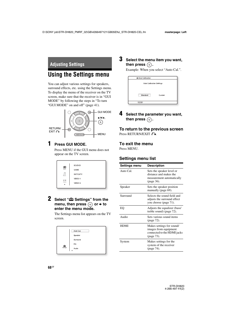 Adjusting settings, Using the settings menu | Sony STR-DH820 User Manual | Page 68 / 100