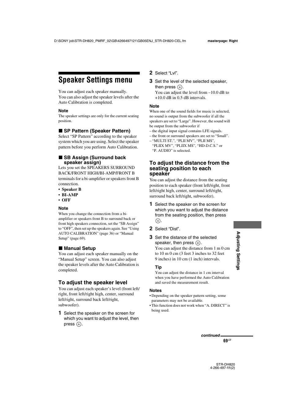 Speaker settings menu | Sony STR-DH820 User Manual | Page 69 / 100