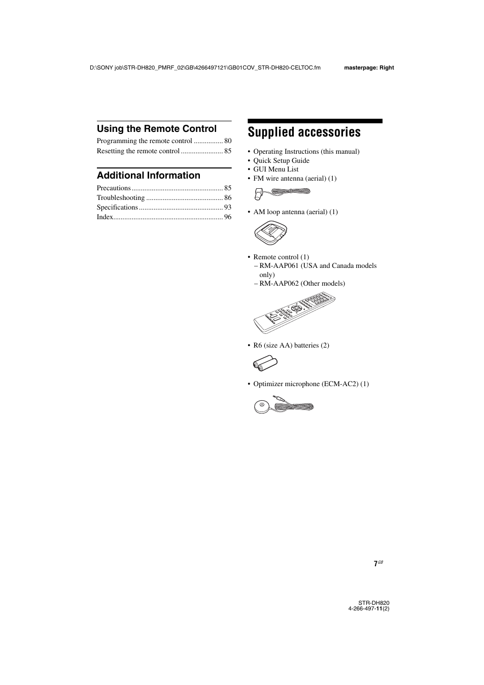 Supplied accessories, Using the remote control, Additional information | Sony STR-DH820 User Manual | Page 7 / 100