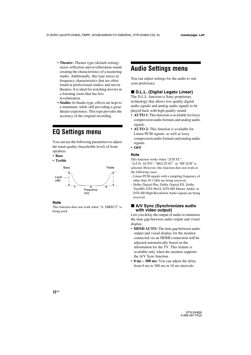 Eq settings menu, Audio settings menu, Eq settings menu audio settings menu | Sony STR-DH820 User Manual | Page 72 / 100