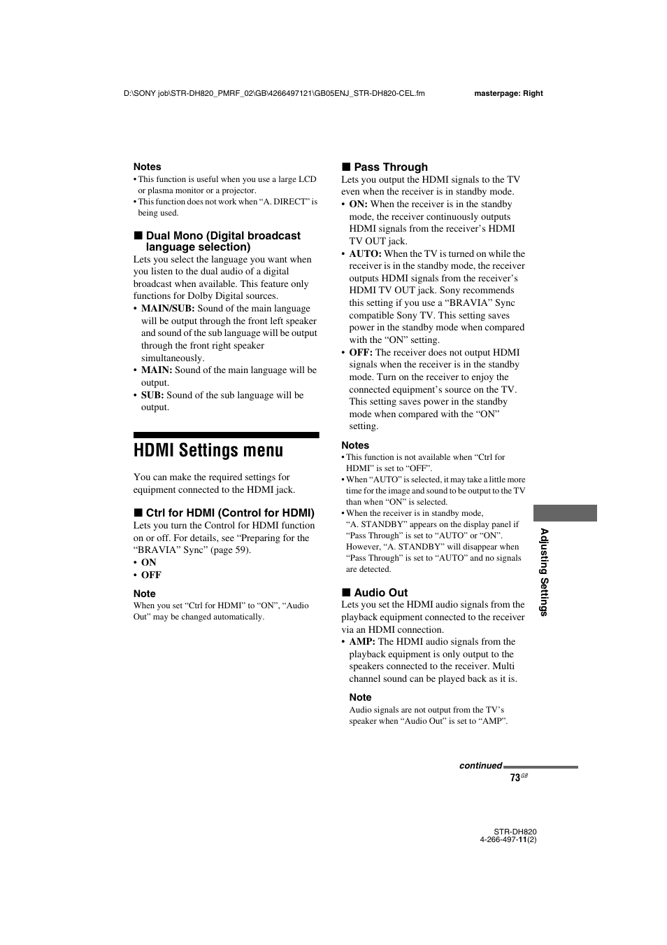 Hdmi settings menu | Sony STR-DH820 User Manual | Page 73 / 100